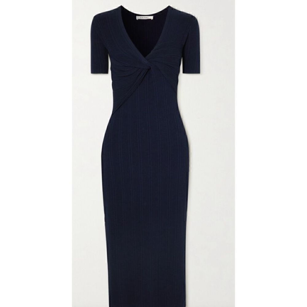 Frame Twist-front Ribbed Stretch-knit Midi Dress - Blue NWT Size Large